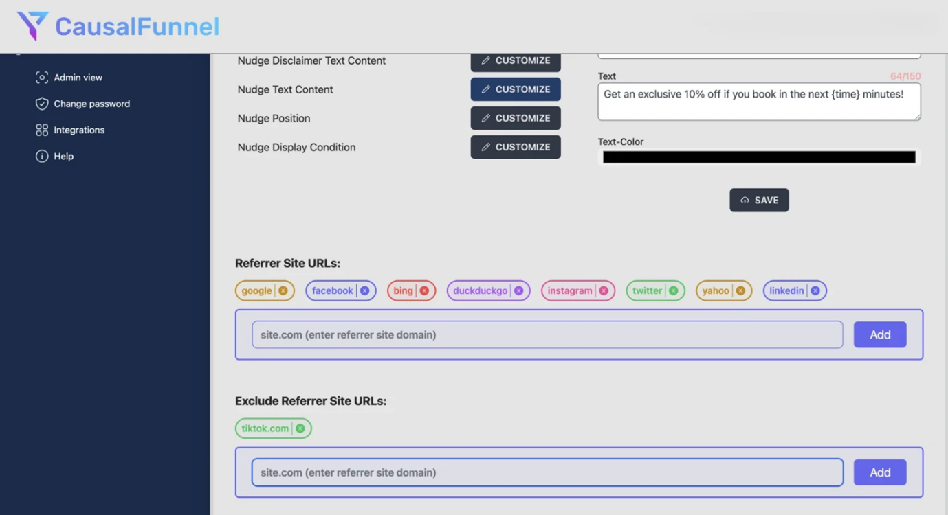 CausalFunnel dashboard interface showing nudge customization settings, referral site URLs like Google and Facebook