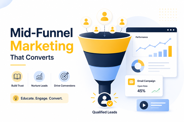 Mid-funnel marketing funnel converting leads into qualified customers.