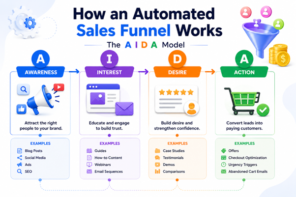 Visual breakdown of automated sales funnel stages including awareness, interest, desire, and action.