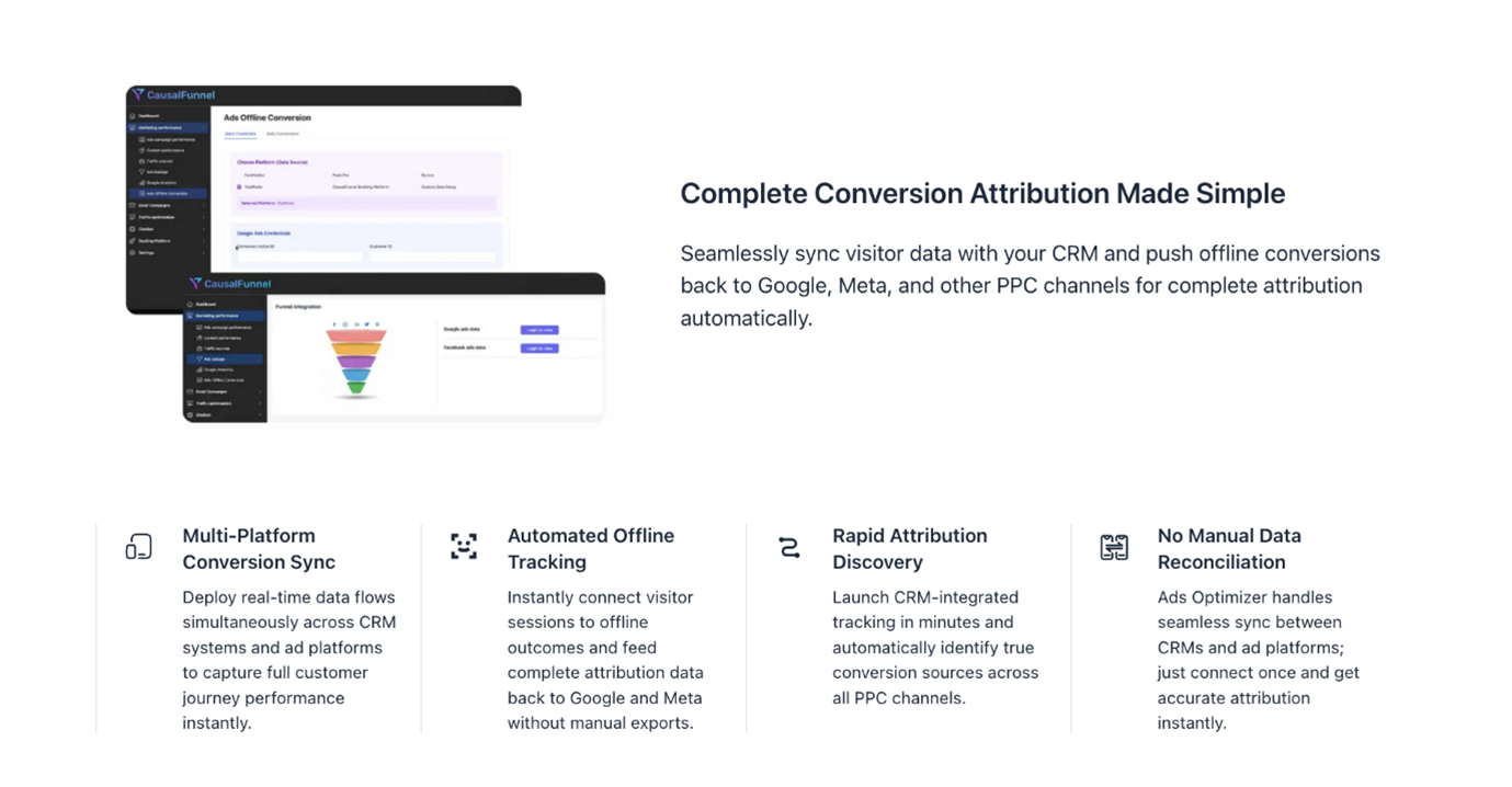 Dashboard showing conversion attribution and multi-platform tracking features