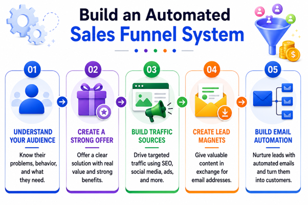 Infographic showing step-by-step automated sales funnel setup.