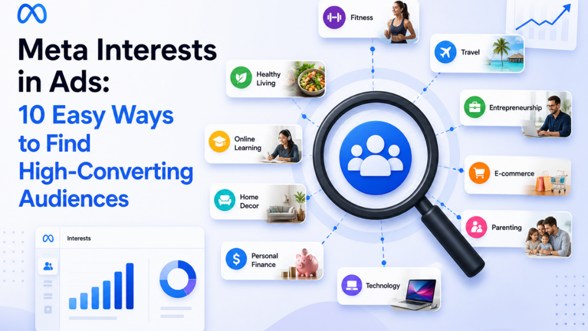 Meta interests in ads showing audience targeting categories for high converting campaigns