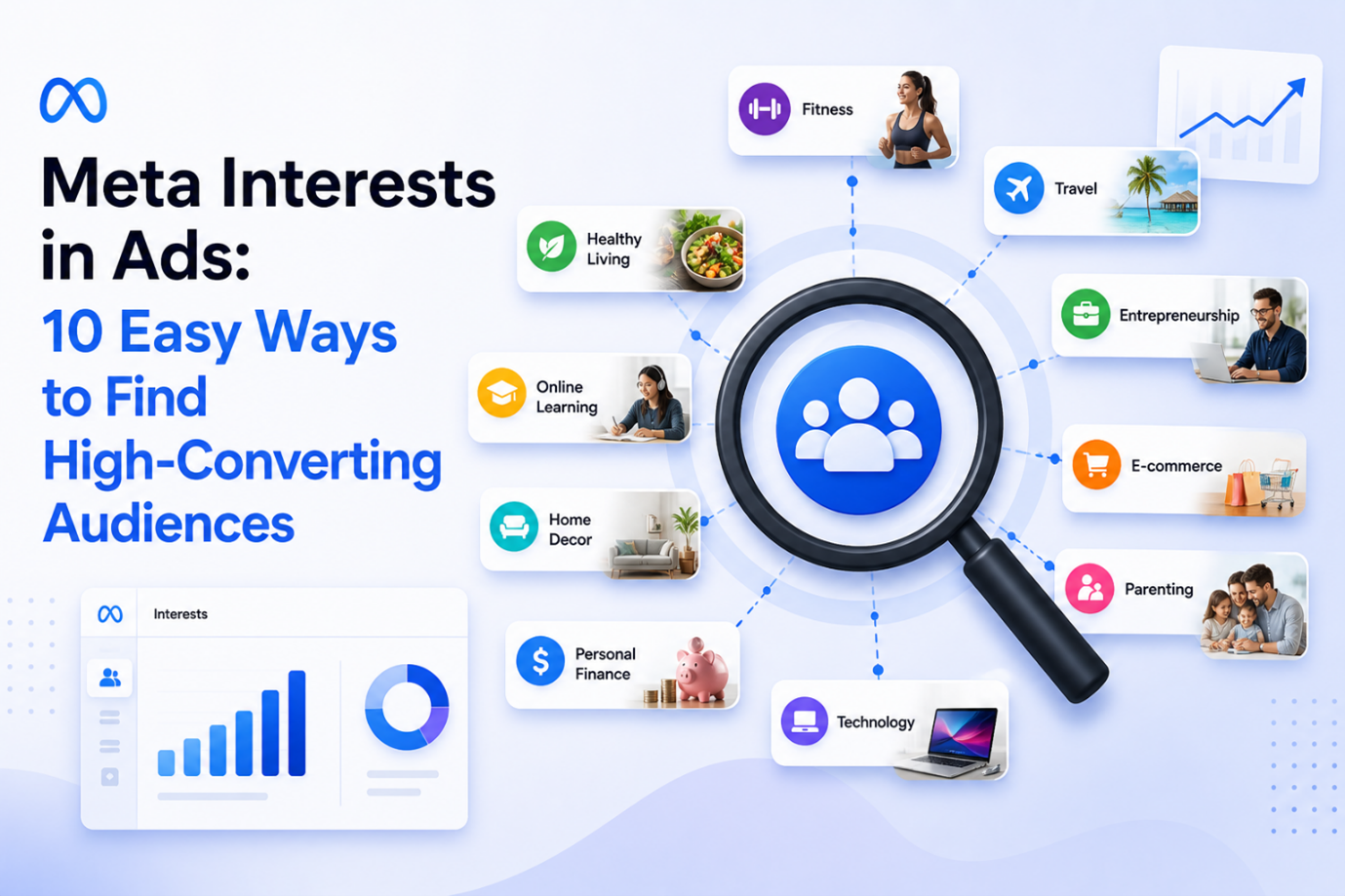 Meta interests in ads showing audience targeting categories for high converting campaigns