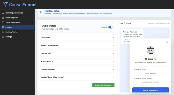 CausalFunnel chatbot setup dashboard with live preview and configuration options, chatbot enabled.