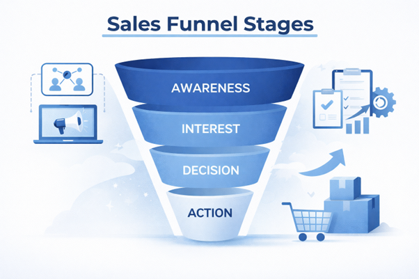  Sales funnel stages diagram showing awareness, interest, decision, and action.
