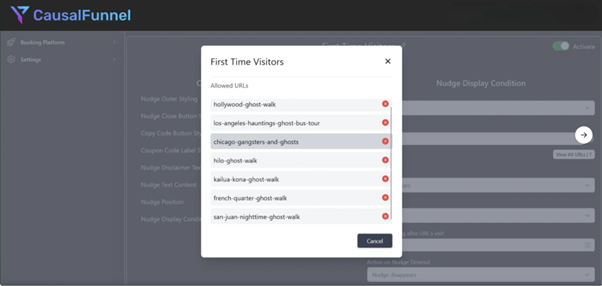 CausalFunnel dashboard showing visitor segmentation and targeting settings