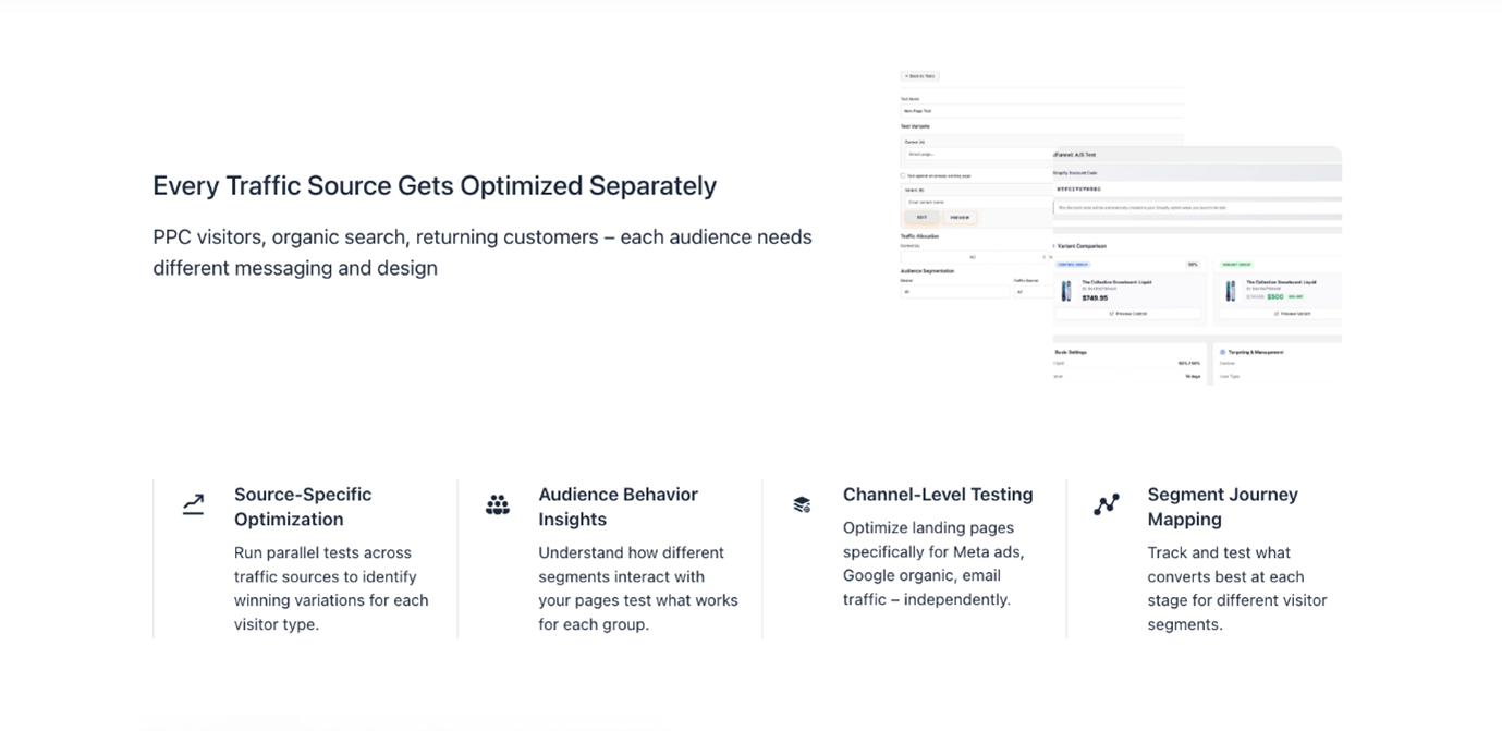 Traffic source optimization showing audience segmentation and channel level testing