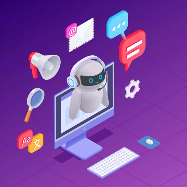 AI marketing chatbot and customer support illustration.