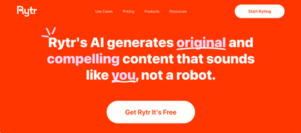 Rytr AI writing tool homepage for creating human-like marketing content