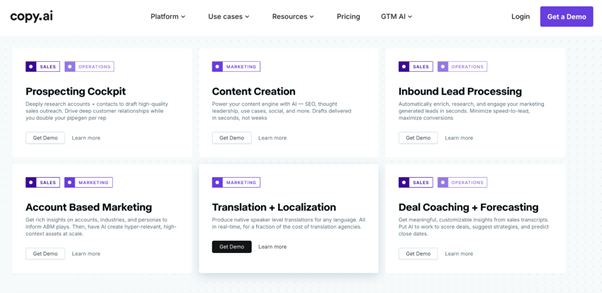 Copy.ai platform showing AI-powered content creation and sales tools