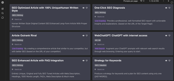 OpenAI SEO writing prompts and article optimization dashboard
