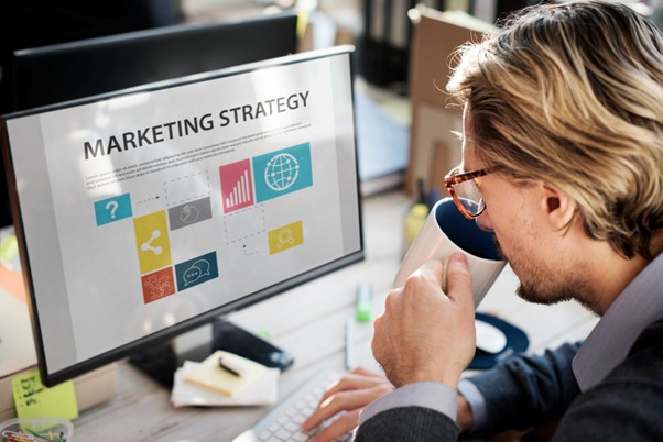 Marketer reviewing a digital marketing strategy dashboard.