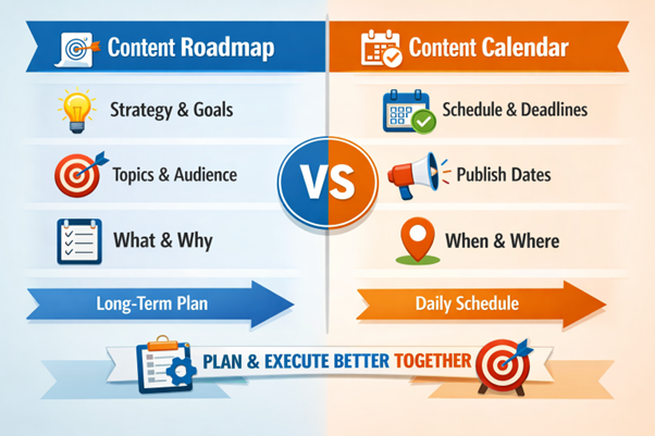 Infographic showing comparison between content roadmap & content calendar. 