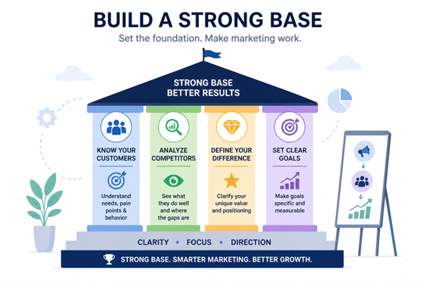 Visual of strong marketing foundation showing customer research, competitor analysis, goals, and positioning.