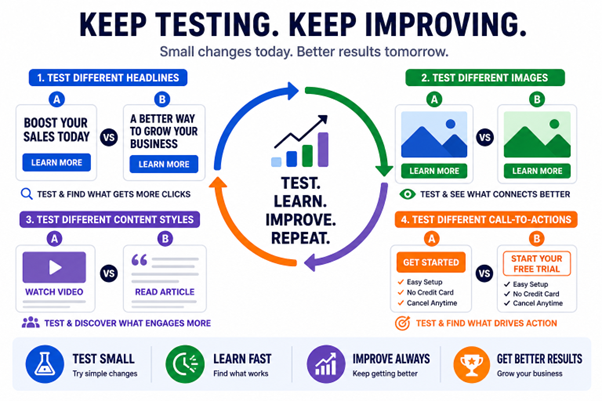 Marketing A/B testing process with headlines, images, content, and call-to-action variations.