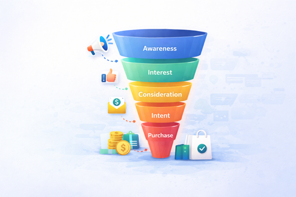Marketing funnel stages from awareness to purchase with conversion journey