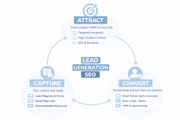  SEO lead generation funnel diagram with attract, capture, and convert stages.
