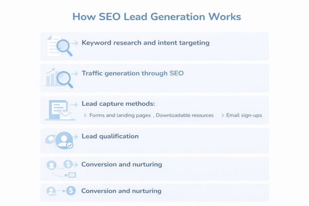 Step-by-step SEO lead generation process with keyword research, traffic, and conversions.