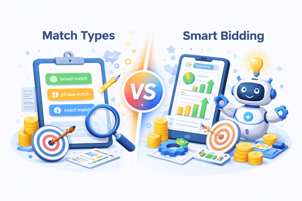 An image showing match types and smart bidding side by side.