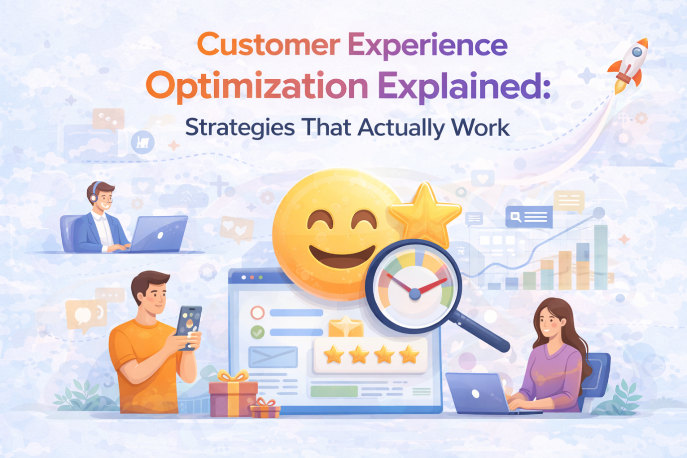 Illustration of customer experience optimization with ratings and analytics