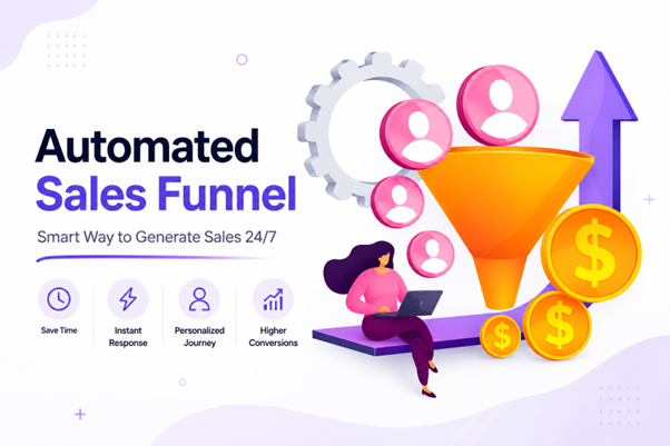 Automated sales funnel illustration showing leads entering a funnel and converting into sales through automation.