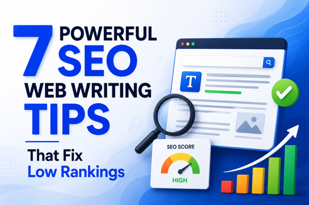 SEO web writing tips infographic with search optimization and ranking improvement elements