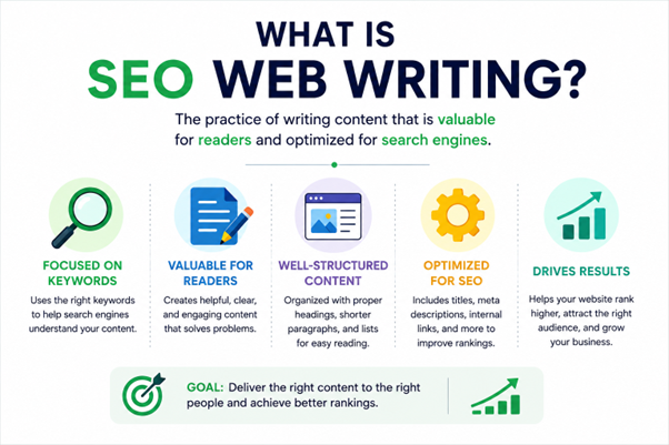 Infographic explaining what SEO web writing is and how optimized content improves rankings