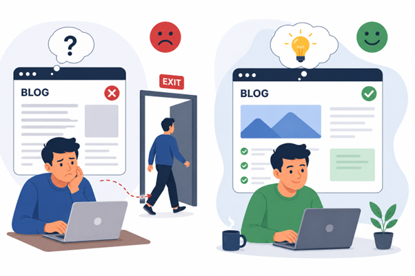 Illustration showing how better blog writing reduces bounce rates and improves user engagement