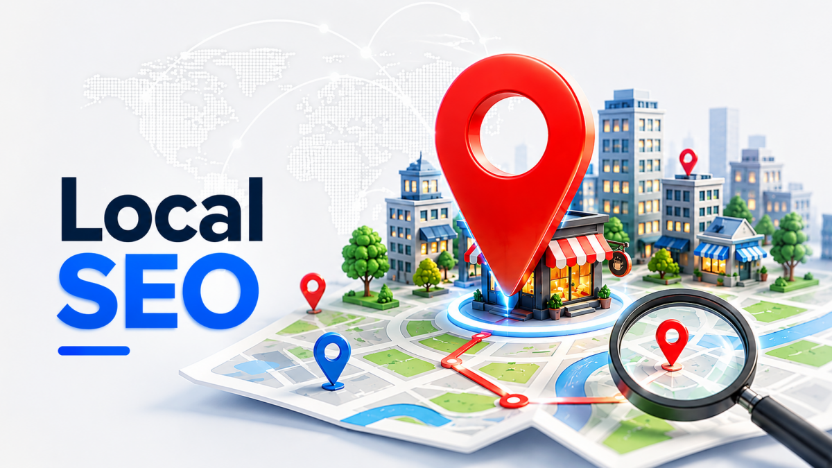 3D local SEO illustration with map pins, city map, and local business search concept.