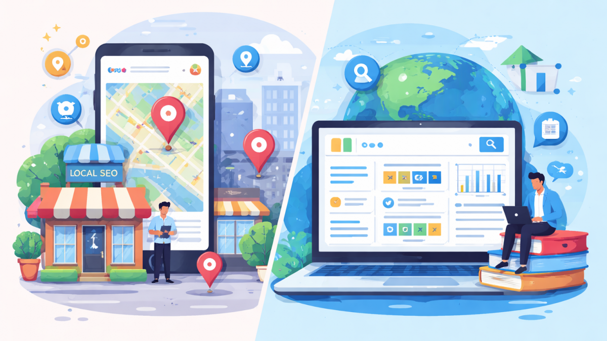 An image showing local SEO vs. regular SEO side by side.