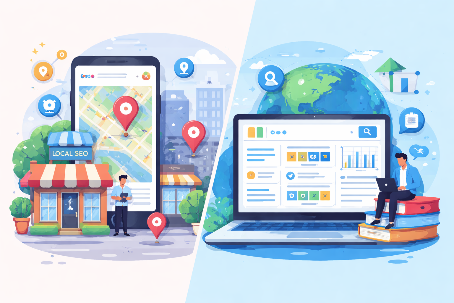 An image showing local SEO vs. regular SEO side by side.