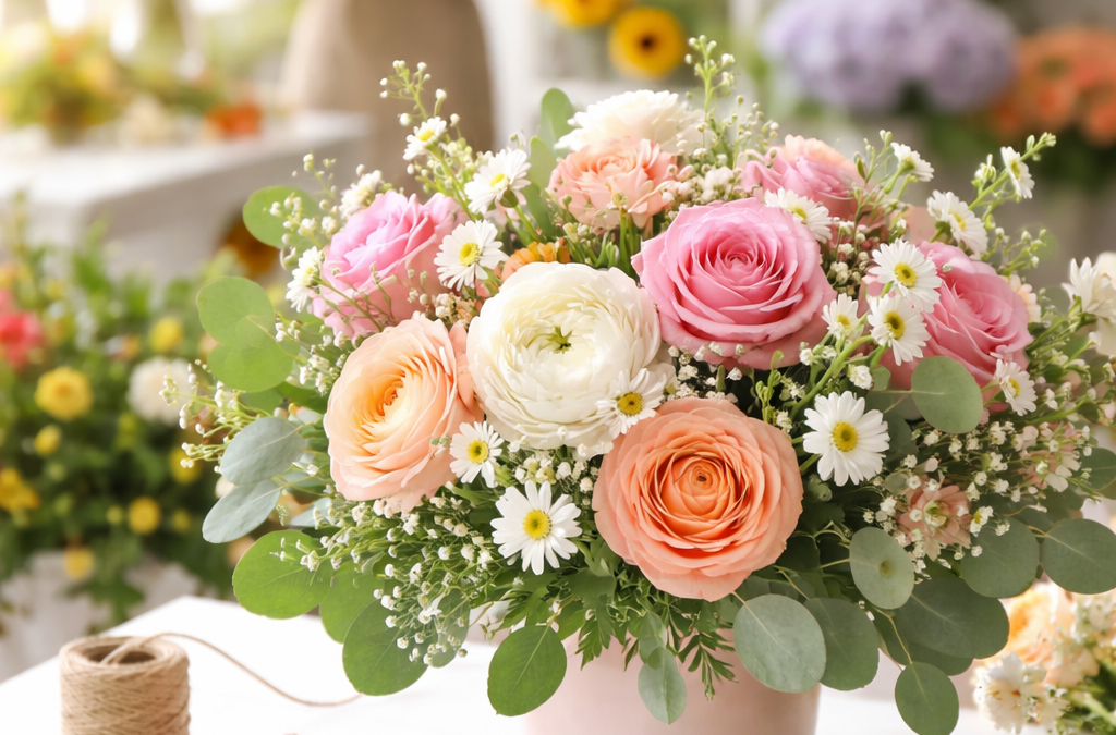 A beautiful bouquet along with other flowers strewn around in a florist shop.