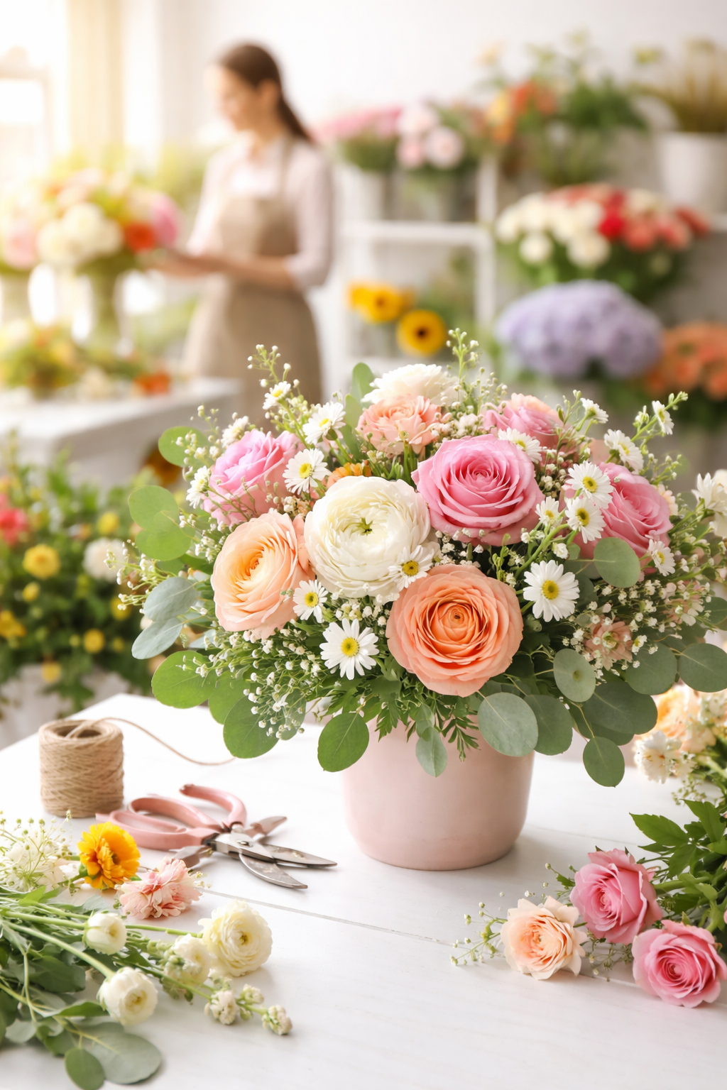A beautiful bouquet along with other flowers strewn around in a florist shop.