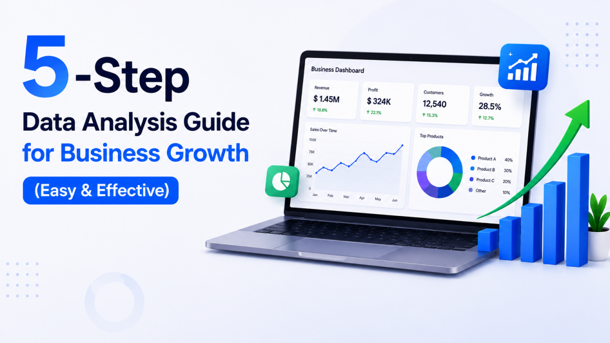Laptop showing business analytics dashboard for a 5-step data analysis guide