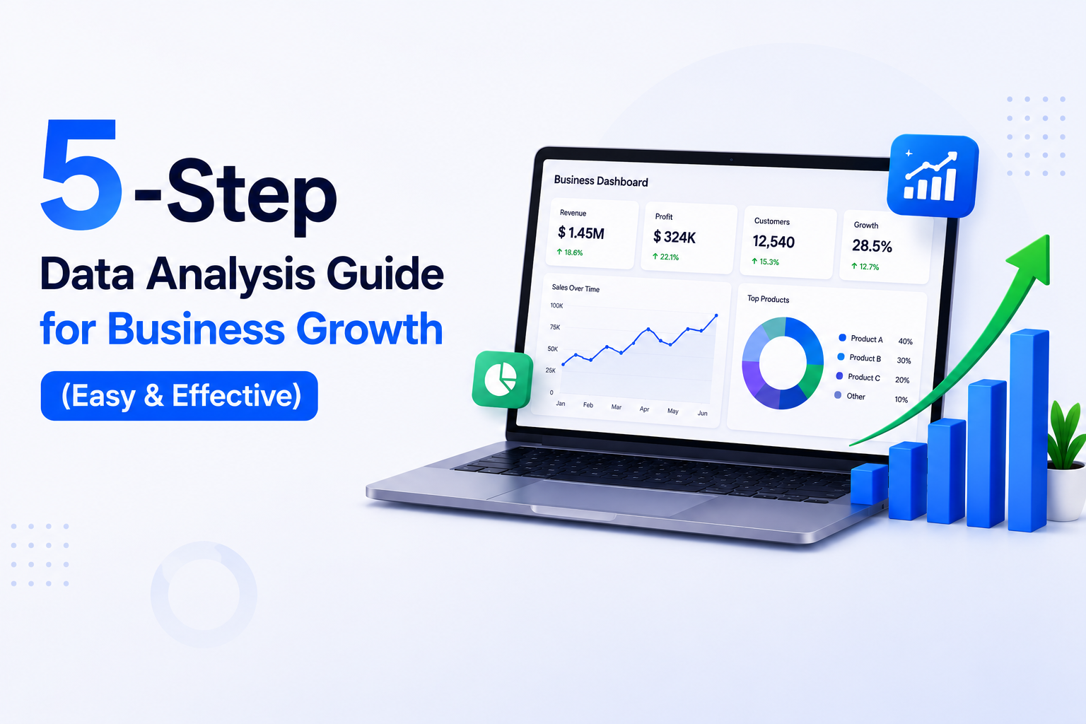 Laptop showing business analytics dashboard for a 5-step data analysis guide