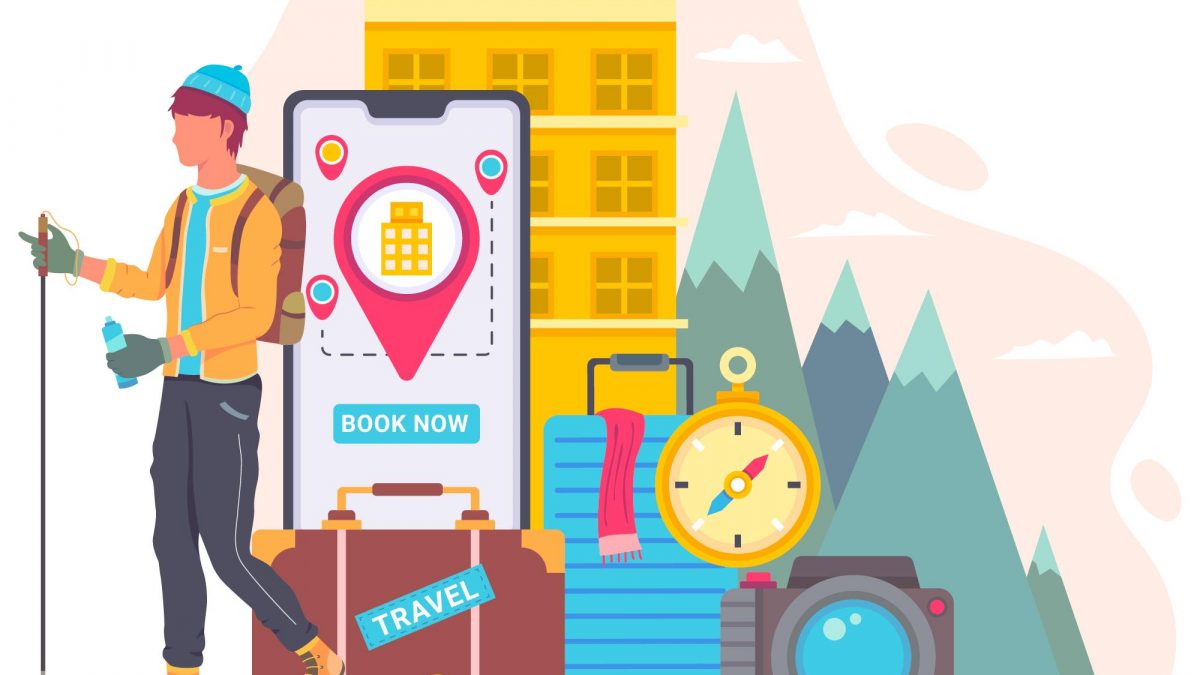 SEO for tour operators illustration showing a traveler using a mobile booking app.