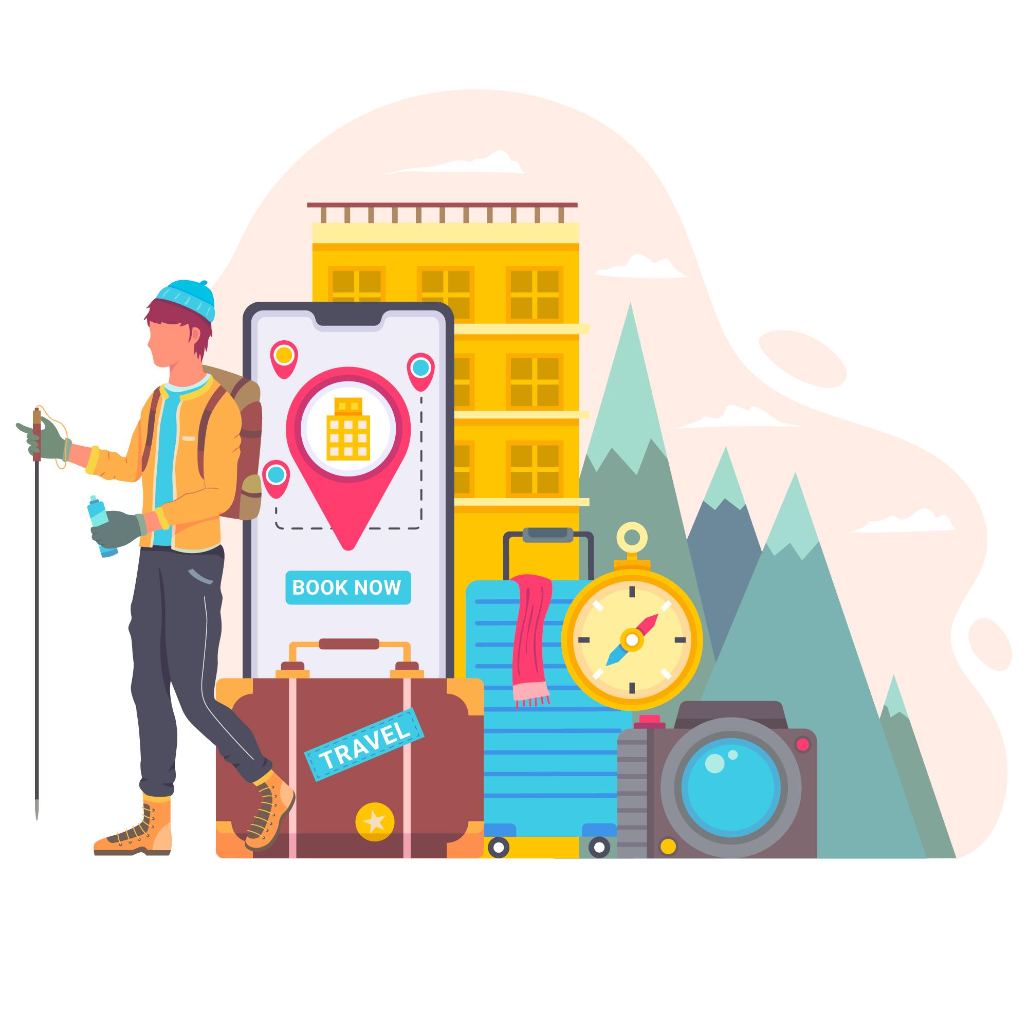 SEO for tour operators illustration showing a traveler using a mobile booking app.