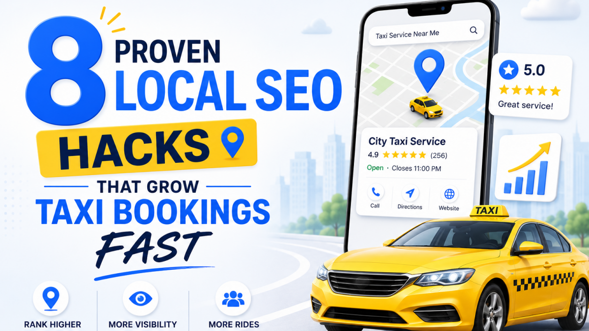 Taxi local SEO marketing infographic showing Google Maps rankings and booking growth