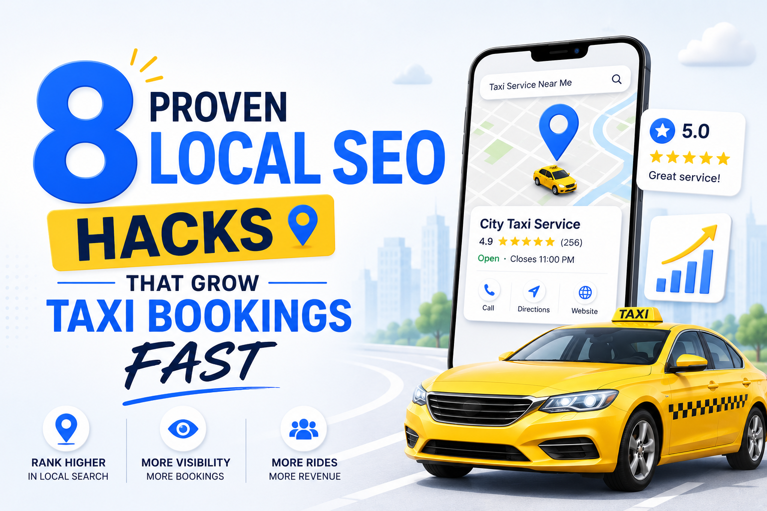 Taxi local SEO marketing infographic showing Google Maps rankings and booking growth