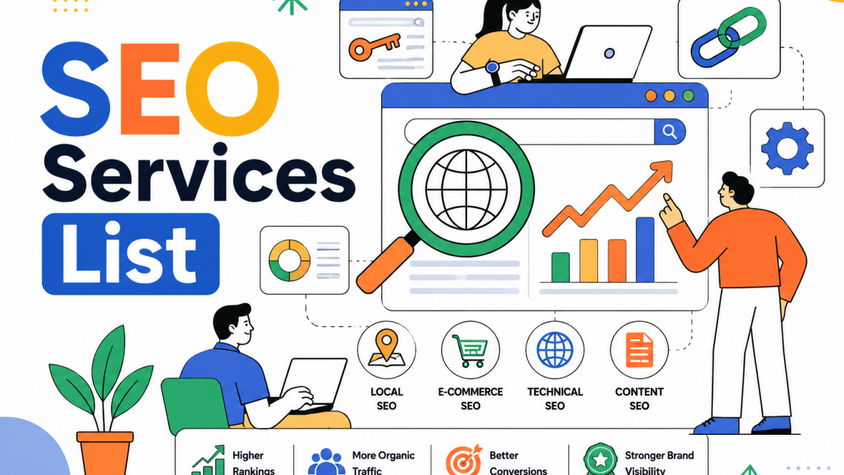 SEO services list illustration showing search dashboard, analytics, and optimization tools.