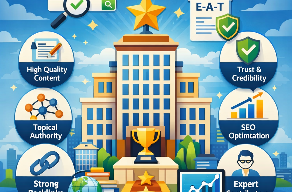 Illustration of an authority website as a tall building with a gold star, surrounded by icons for content quality, trust, backlinks, SEO, and expert contributors.