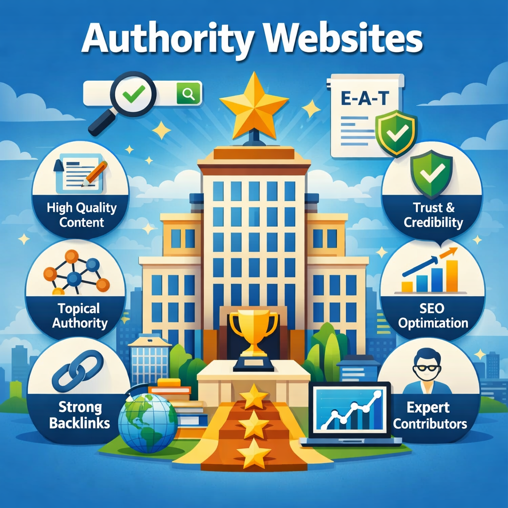 Illustration of an authority website as a tall building with a gold star, surrounded by icons for content quality, trust, backlinks, SEO, and expert contributors.