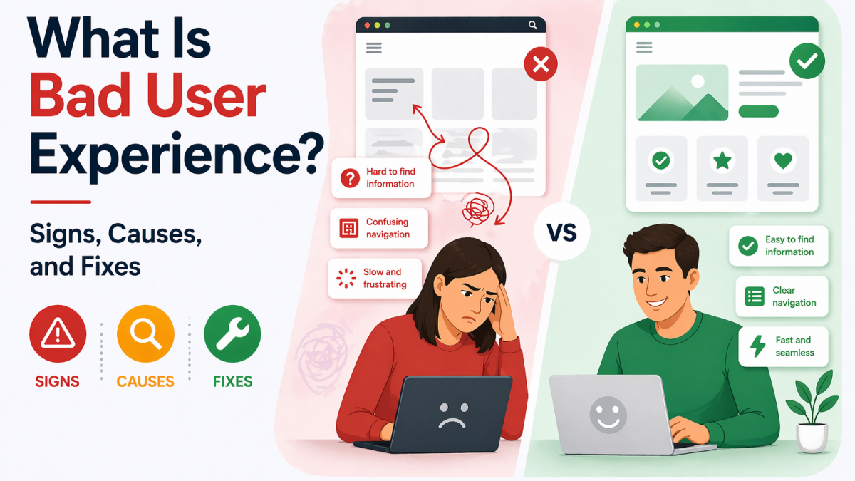 Bad vs good user experience illustration showing navigation issues and improvements