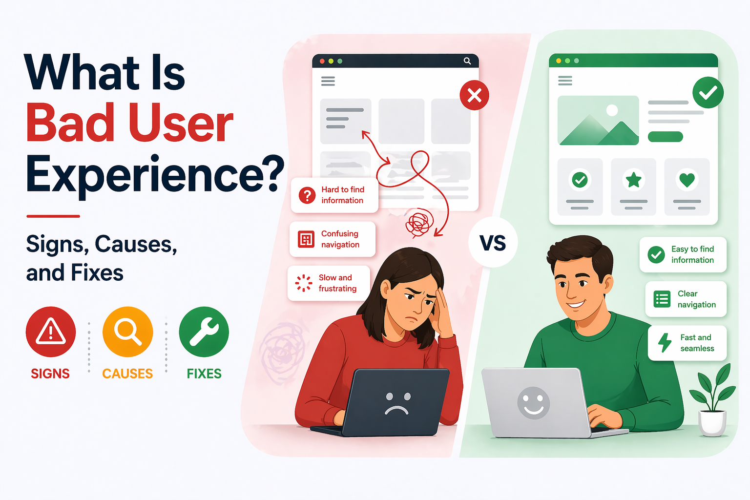 Bad vs good user experience illustration showing navigation issues and improvements