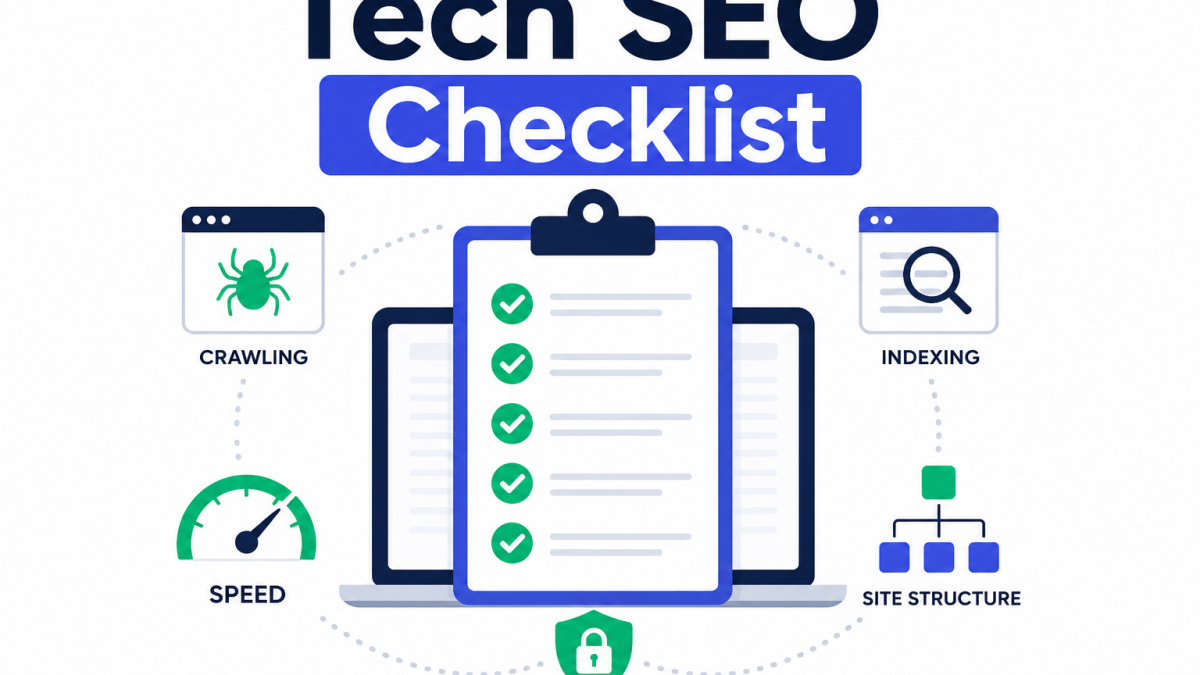 Tech SEO checklist infographic showing site optimization tasks and ranking improvement.