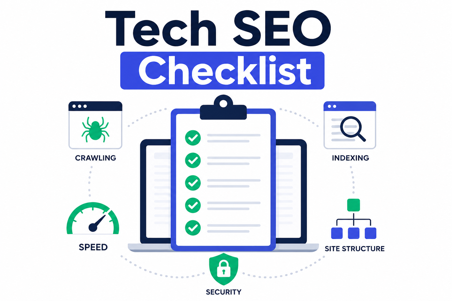 Tech SEO checklist infographic showing site optimization tasks and ranking improvement.