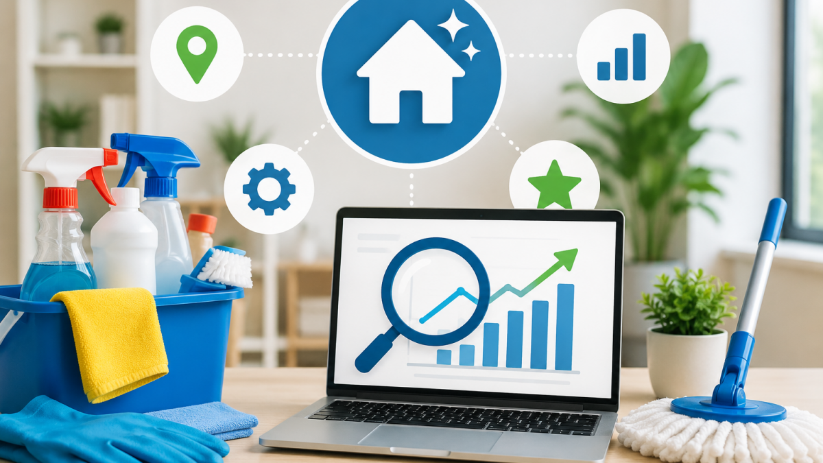 Cleaning supplies and laptop showing digital growth analytics dashboard.
