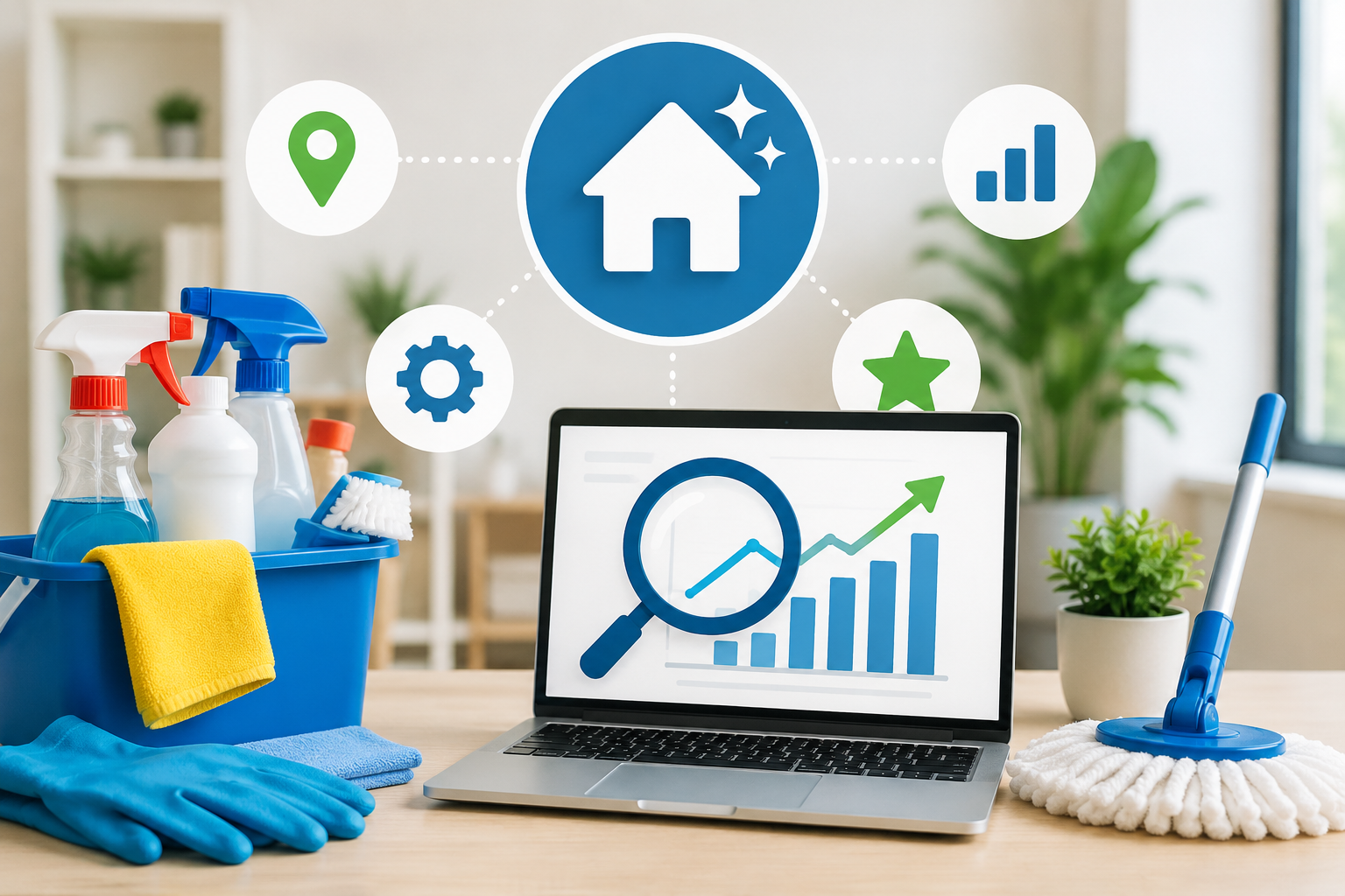 Cleaning supplies and laptop showing digital growth analytics dashboard.