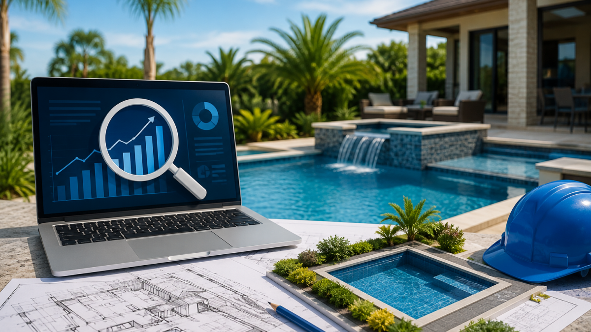 Laptop displaying analytics over a pool, illustrating pool builder SEO