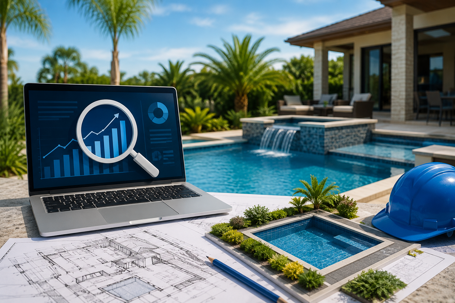 Laptop displaying analytics over a pool, illustrating pool builder SEO